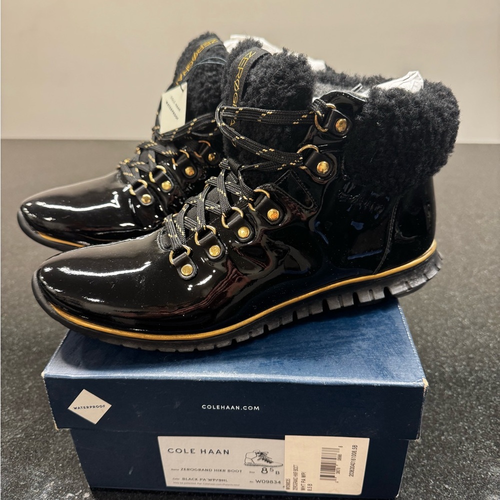 Cole Haan Women's Black Patent Leather Winter Boots with genuine shearling trim